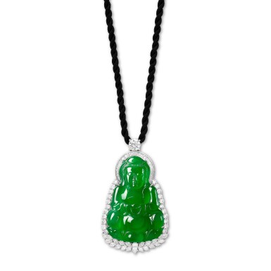 View full screen - View 1 of Lot 1847. Jadeite 'Guan Yin' and Diamond Pendant | 天然翡翠雕「觀音」配 鑽石 掛墜.