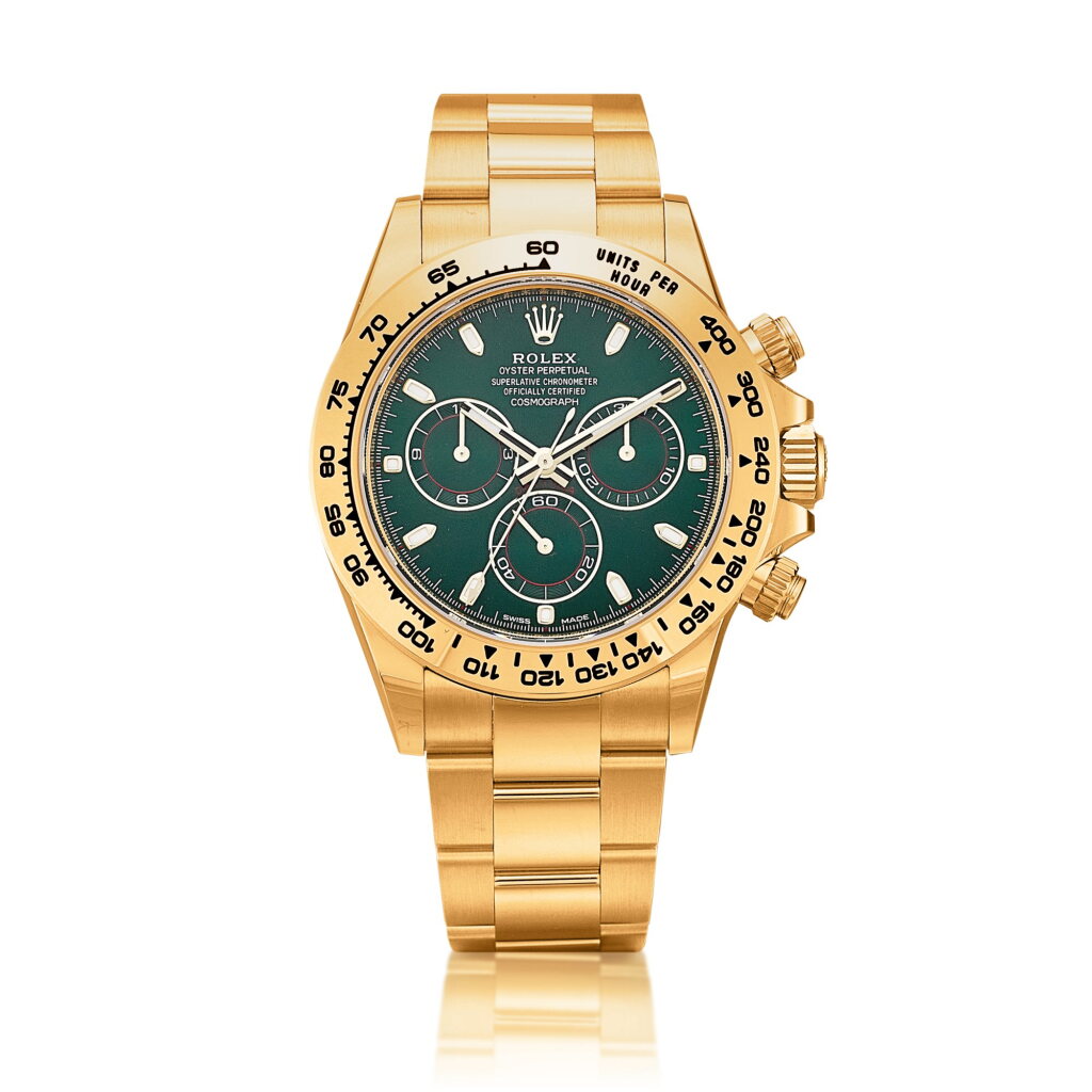 View full screen - View 1 of Lot 8030. Cosmograph Daytona, Reference 116508 | A yellow gold chronograph wristwatch with bracelet, Circa 2021 | 勞力士 | Cosmograph Daytona 型號116508 | 黃金計時鏈帶腕錶,約2021年製.