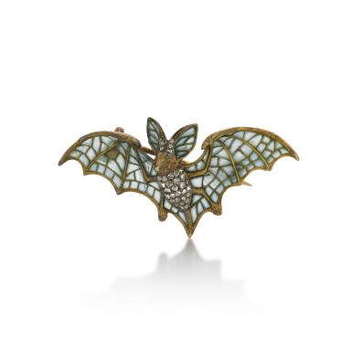 View full screen - View 1 of Lot 197. Plique-à-jour Enamel and Diamond Bat Brooch.