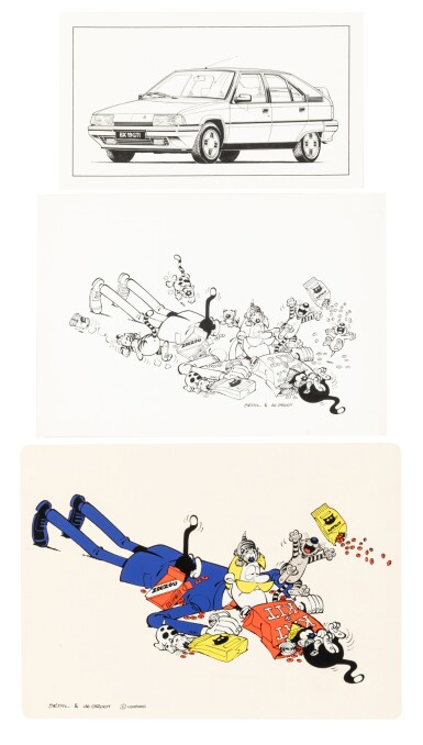 View full screen - View 1 of Lot 208. Ensemble de 2 dessins originaux : "Clifton et les Chats" et "Citroën BX19GTI". avec un calque..