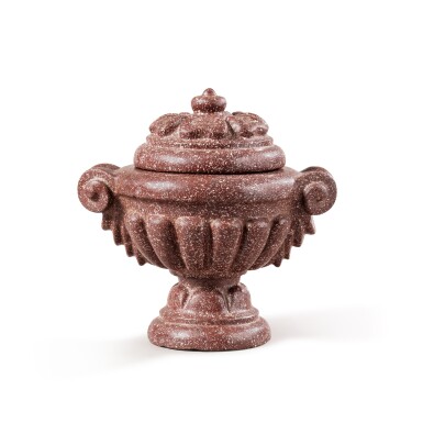 View full screen - View 1 of Lot 21. An Egyptian porphyry vase and cover, Italy or France, circa 1700 | Vase couvert en porphyre égyptien, Italie or France, vers 1700.