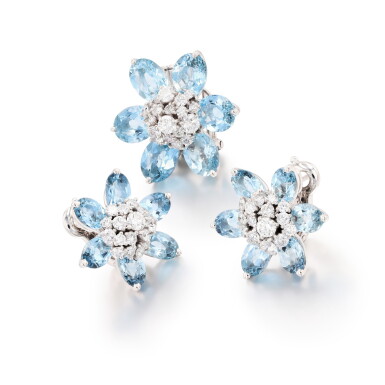 View full screen - View 1 of Lot 833. Van Cleef & Arpels | Demi-parure aigues-marines et diamants, "Hawaii" | Aquamarine and diamond demi-parure, 'Hawaii'.