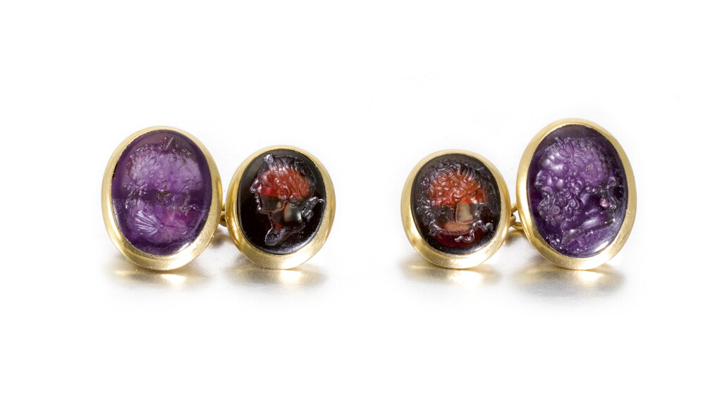 View full screen - View 1 of Lot 112. ITALIAN, 19TH CENTURY | PAIR OF CUFFLINKS WITH INTAGLIOS OF LUCIUS VERUS AND JULIUS CAESAR, AND HERCULES AND MEDUSA.