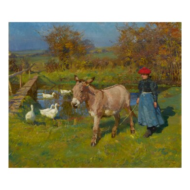 View full screen - View 1 of Lot 72. SIR ALFRED JAMES MUNNINGS, P.R.A., R.W.S. | CROSTWICK COMMON: WOMAN WITH A DONKEY AND GEESE .