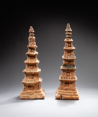 View full screen - View 1 of Lot 123. Two pottery models of stupa, Vietnam, Dinh dynasty - earlier to Le dynasty, 10th century | 越南丁朝至黎朝 十世紀 陶佛塔兩件.