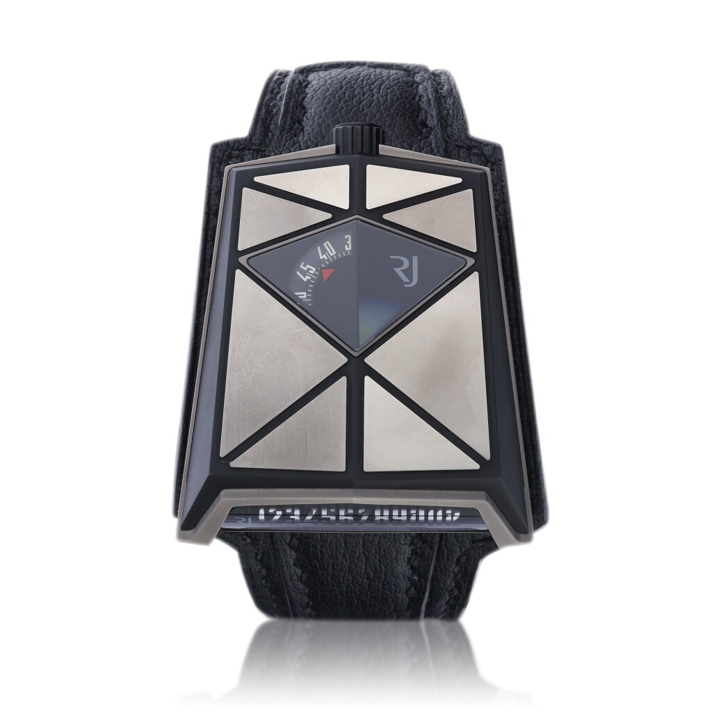 View full screen - View 1 of Lot 9314. Romain Jerome | Spacecraft, Reference RJ.SC.AU.001.01, A limited edition PVD-coated titanium wristwatch with linear retrograde jumping hour indication, Circa 2014 | Spacecraft 型號RJ.SC.AU.001.01 限量版PVD塗層處理鈦金屬腕錶,備直線式逆跳時,約2014年製.