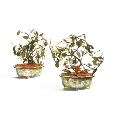 View full screen - View 1 of Lot 256. A pair of enamel jardinière with hardstone trees, Late Qing dynasty.