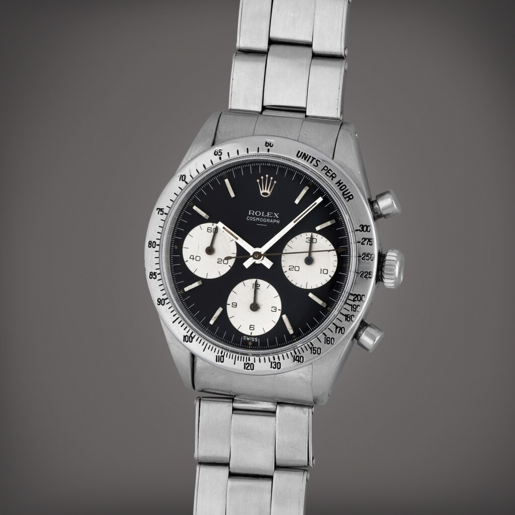 View full screen - View 1 of Lot 111. Le Mans Daytona 'Double Swiss Underline', Reference 6239 | A stainless steel chronograph wristwatch with double Swiss underline dial and bracelet | Circa 1963 | 勞力士 | Le Mans Daytona 'Double Swiss Underline' 型號6239 | 精鋼計時鏈帶腕錶,製作年份約1963.