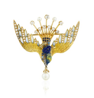 View full screen - View 1 of Lot 49. Broche émail, saphirs, perles et diamants | Enamel, sapphire, pearl and diamond brooch.