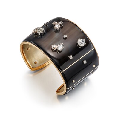 View full screen - View 1 of Lot 2905. Melange Black Zebu Horn and Diamond Cuff Bangle | 角質 鑲 鑽石 手鐲.