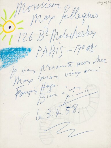 View full screen - View 1 of Lot 160. Lettre autographe signée, illustrée, à Max Pellequer. 1958. Joli dessin aux crayons gras. À propos du petit-fils de Victor Hugo, François Hugo..