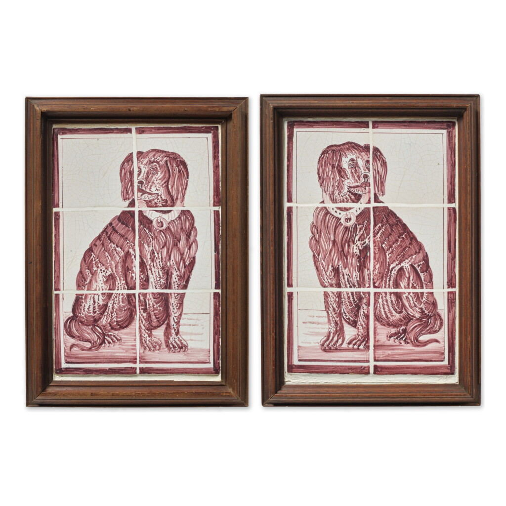 View full screen - View 1 of Lot 510. A PAIR OF FRAMED DUTCH DELFT MANGANESE TILE PANELS OF DOGS, 19TH CENTURY.