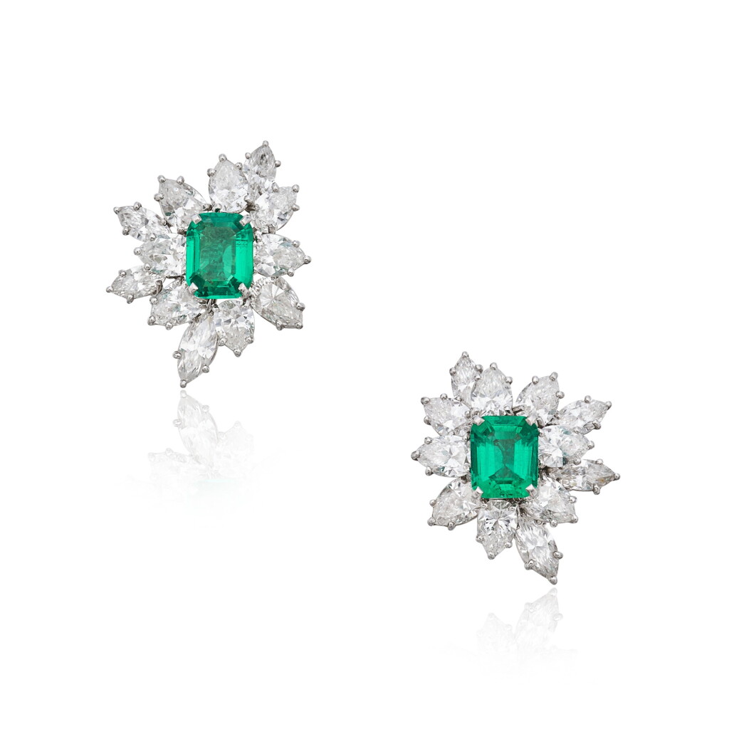 View full screen - View 1 of Lot 113. Pair of Emerald and Diamond Earclips.