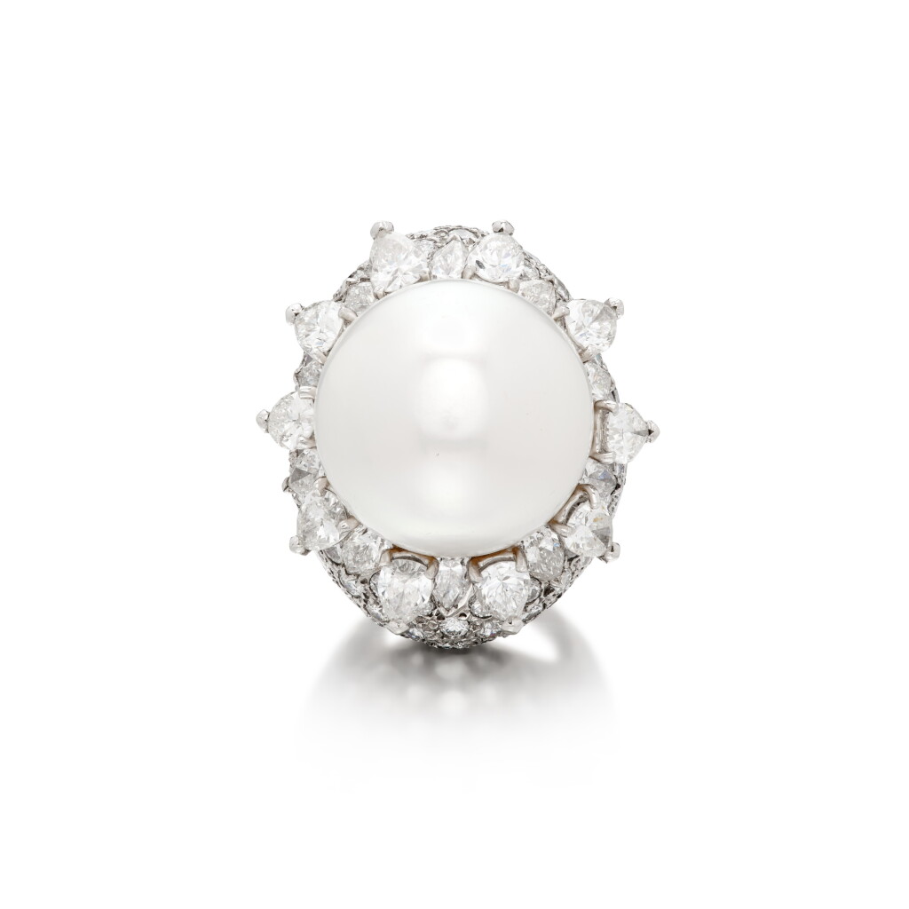 View full screen - View 1 of Lot 420. Cultured Pearl and Diamond Ring .