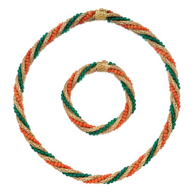 View full screen - View 1 of Lot 199. Gold, Coral and Chalcedony Necklace and Bracelet.