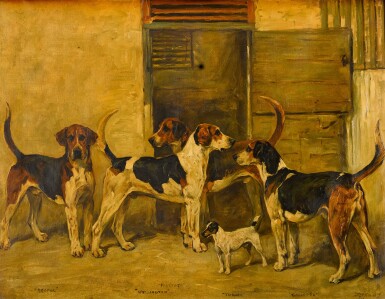View full screen - View 1 of Lot 111. JOHN EMMS | FOX HOUNDS AND A TERRIER.