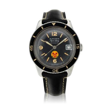 View full screen - View 1 of Lot 157. Fifty Fathoms Aqua Lung 'No Radiations' A stainless steel automatic wristwatch with date, Circa 1965.