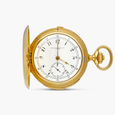 View full screen - View 1 of Lot 2302. A yellow gold minute repeating chronograph hunting case keyless lever watch with enamel dial, Circa 1910.