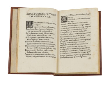 View full screen - View 1 of Lot 215. Sedulius and Prudentius, Carmen paschale, Milan, 1501, modern calf.