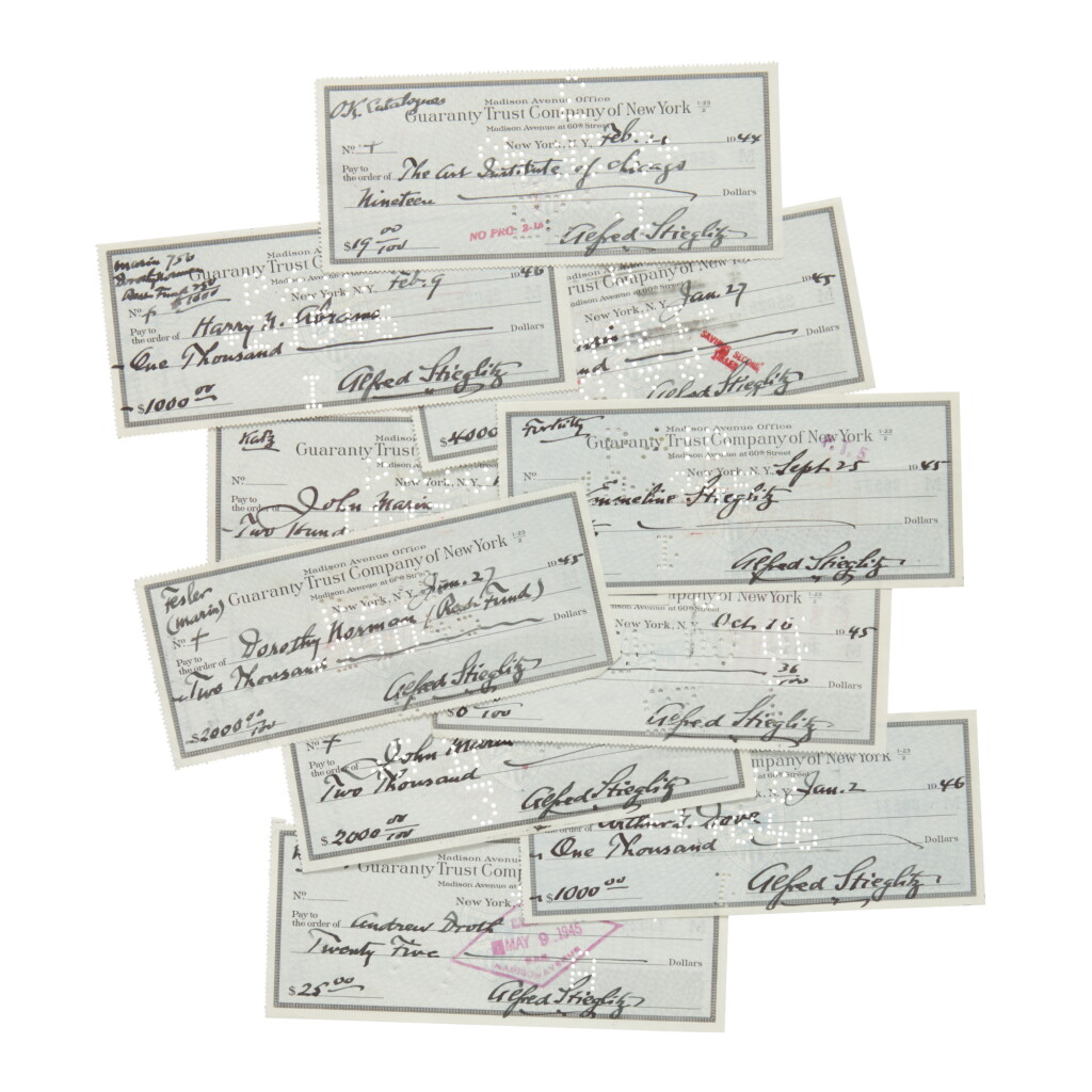 View full screen - View 1 of Lot 14. ALFRED STIEGLITZ | 10 CHECKS, EACH SIGNED BY ALFRED STIEGLITZ AND ENDORSED BY THE VARYING RECIPIENTS, NEW YORK, 1944–1946.
