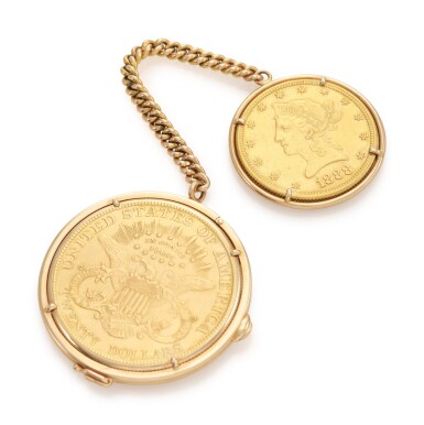 View full screen - View 1 of Lot 69. TWENTY DOLLAR COIN WATCH WITH TEN DOLLAR COIN PENDANT REFERENCE 900 (OROLOGIO – MONETA VENTI DOLLARI CON PENDENTE MONETA DIECI DOLLARI) CIRCA 1980S | PIAGET .