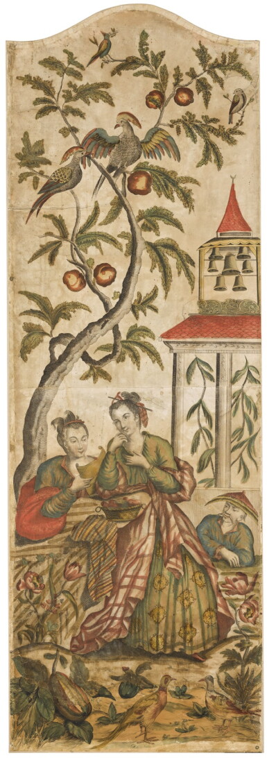 View full screen - View 1 of Lot 54. THREE CHINOISERIE PANELS, THE PRINTED PAPER PROBABLY 18TH CENTURY.