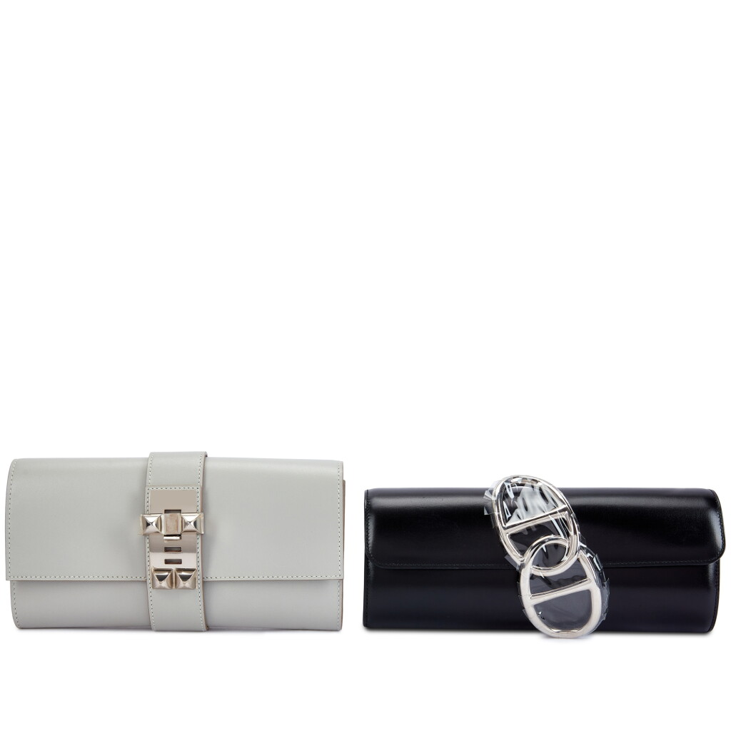 View full screen - View 1 of Lot 6208. Set of Two Gris Perle Tadelakt Medor Clutch Palladium Hardware, 2016 and Black Box Egee Clutch Palladium Hardware, 2017.