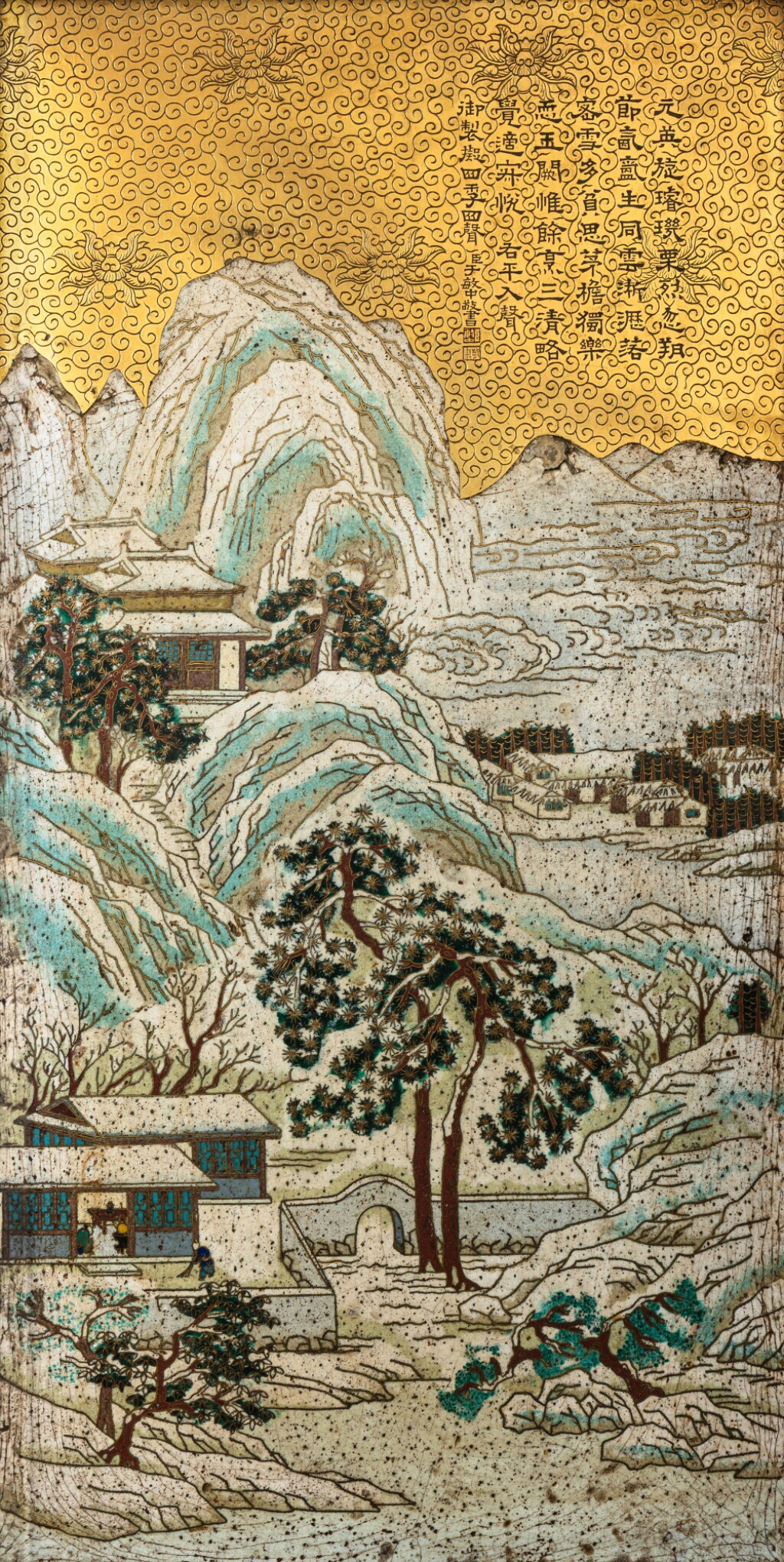 View full screen - View 1 of Lot 147. An important imperially inscribed cloisonné enamel 'Winter' panel, Qing dynasty, Qianlong period.