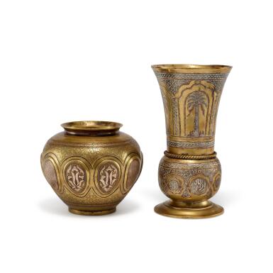 View full screen - View 1 of Lot 48. Two Bezalel Damascened Brass Vases, Jerusalem, Early 20th Century.