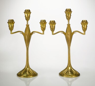 View full screen - View 1 of Lot 230. GEORGES DE FEURE | PAIR OF THREE-LIGHT CANDELABRAS.
