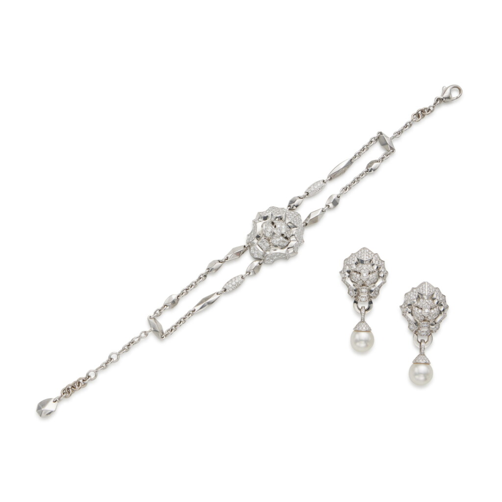 View full screen - View 1 of Lot 253. Diamond 'Sous la Signe du Lion' Bracelet and Pair of Cultured Pearl and Diamond Earclips, France.