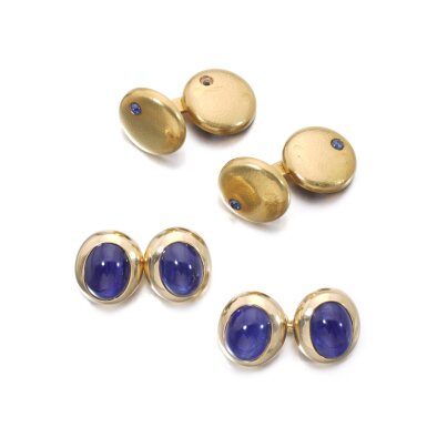 View full screen - View 1 of Lot 1168. Two pairs of sapphire and gold cufflinks.