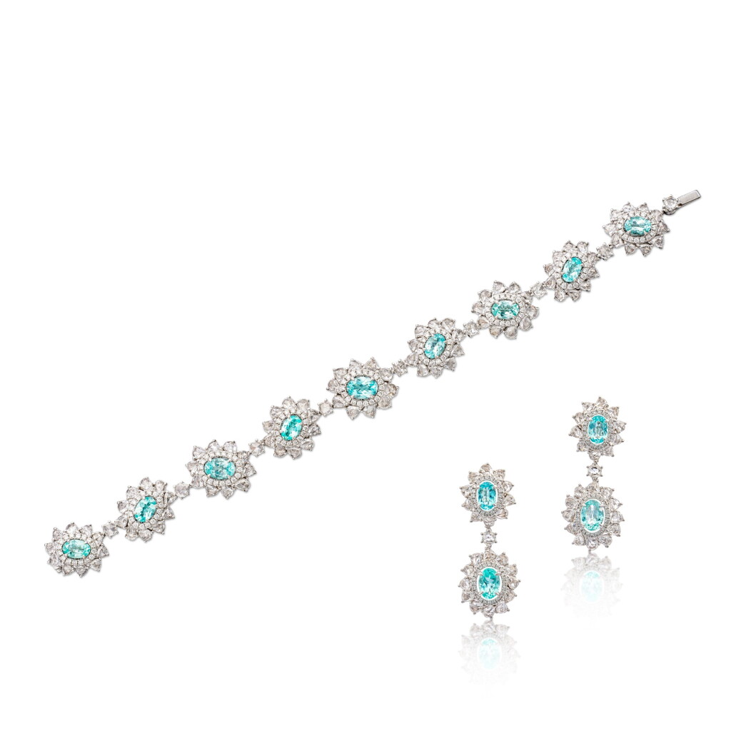 View full screen - View 1 of Lot 1851. Paraíba-type Tourmaline and Diamond Demi-Parure | 帕拉伊巴碧璽 配 鑽石 手鍊 及 耳環套裝.