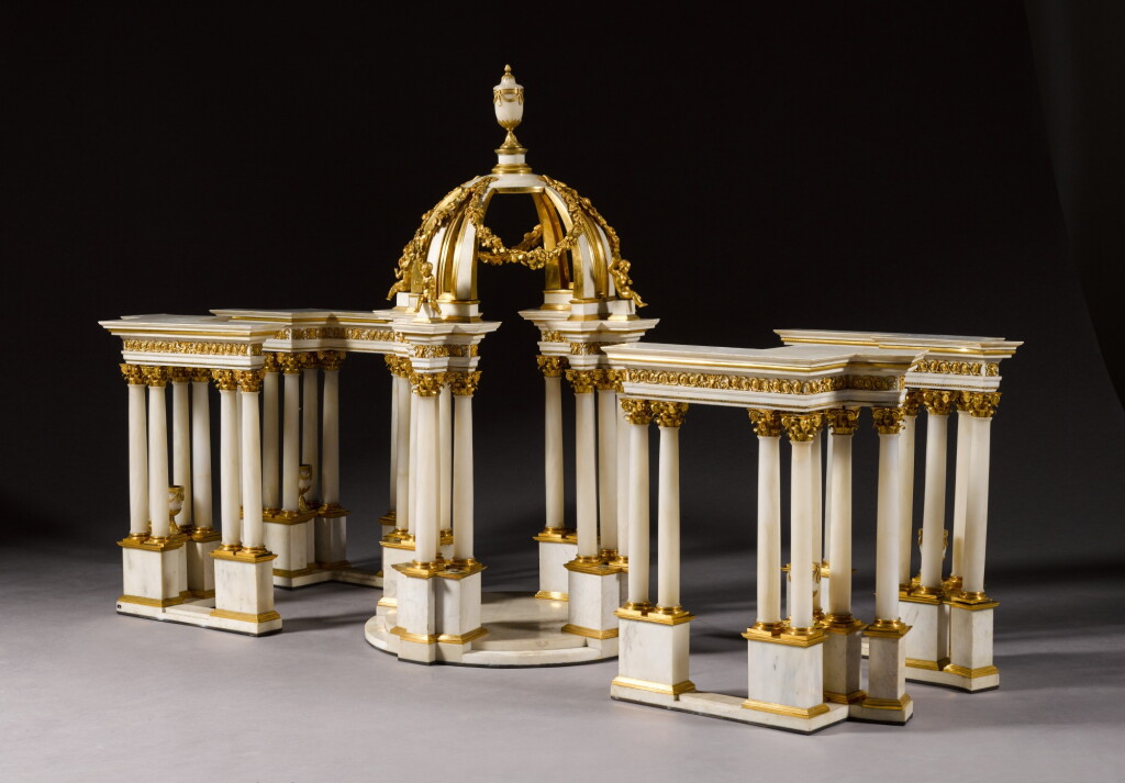 View full screen - View 1 of Lot 16. A Spanish gilt-bronze mounted white marble and alabaster centrepiece, by the Real Laboratorio del Buen Retiro, the mounts attributed to Giovanni Battista Ferroni, Madrid, circa 1790.