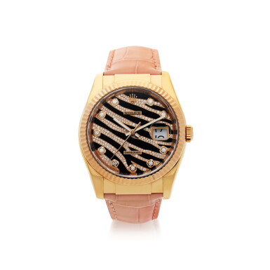 View full screen - View 1 of Lot 301. ROLEX | REFERENCE 116135 DATEJUST 'THE ZEBRA' A PINK GOLD AND DIAMOND-SET AUTOMATIC WRISTWATCH WITH DATE, CIRCA 2012.