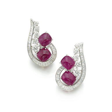 View full screen - View 1 of Lot 290. Pair of ruby and diamond ear clips | 海瑞溫斯頓 紅寶石及鑽石耳環一對.