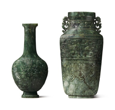 View full screen - View 1 of Lot 1171. TWO SPINACH-GREEN JADE VASES, QING DYNASTY, 19TH CENTURY.