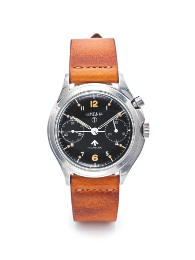 View full screen - View 1 of Lot 24. LEMANIA | INCABLOC, A STAINLESS STEEL MONOPUSHER CHRONOGRAPH WRISTWATCH MADE FOR THE BRITISH MILITARY CIRCA 1960.