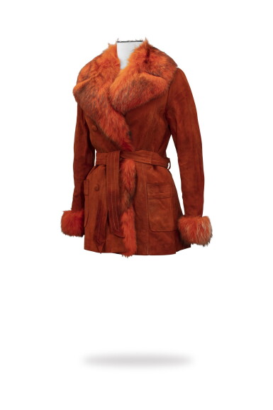View full screen - View 1 of Lot 13. Kimo, circa 1970, Suede jacket with fox collar and cuffs | Veste ceinturée en peau retournée à col et poignets en renard.