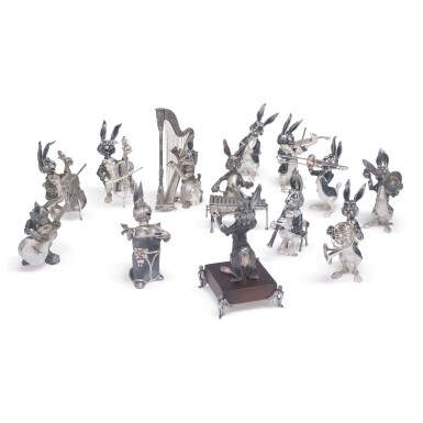 View full screen - View 1 of Lot 881. A THIRTEEN-PIECE SPANISH SILVER RABBIT ORCHESTRA, J.M. CALERO, 20TH CENTURY.