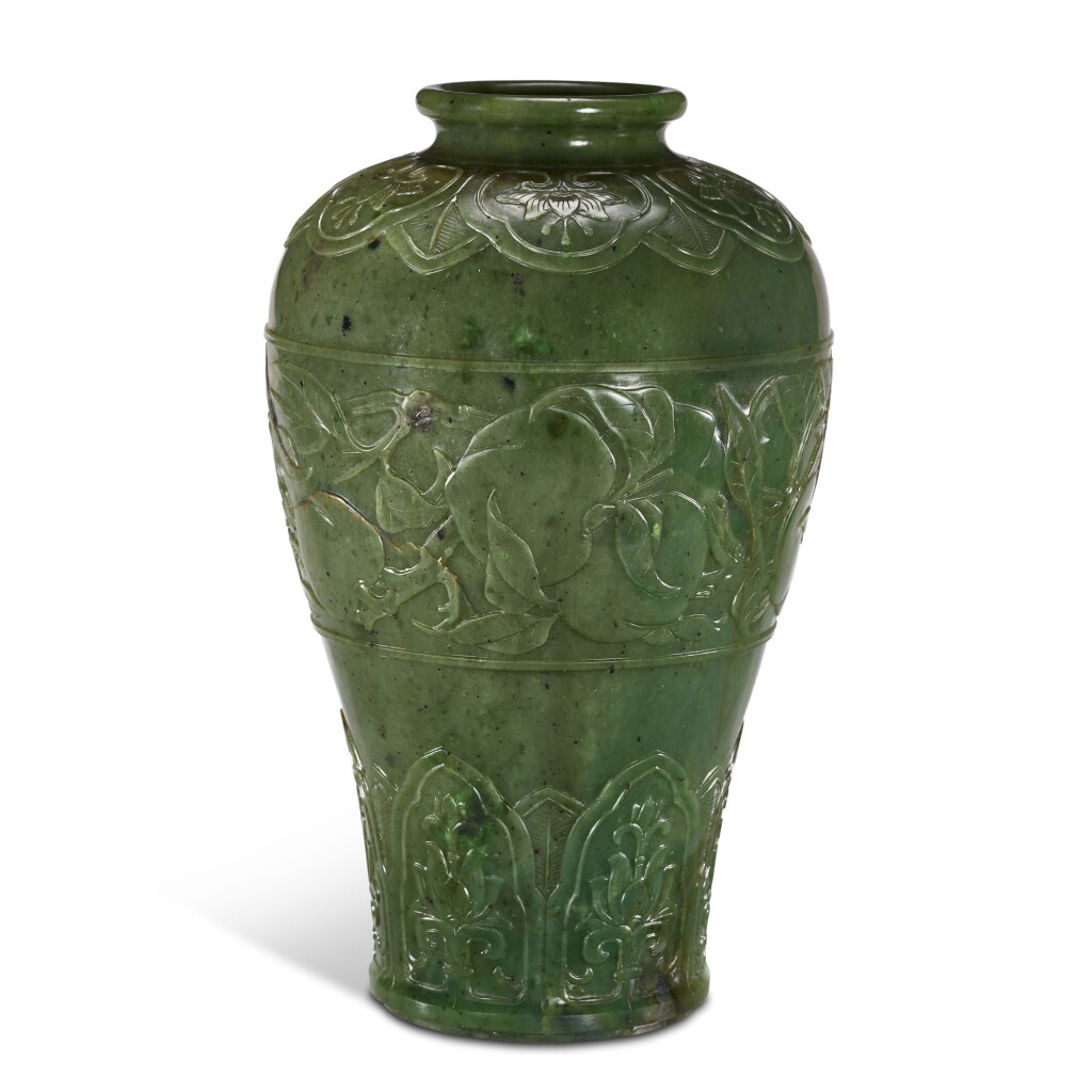 View full screen - View 1 of Lot 3613. An extremely rare spinach-green jade 'peach' vase, meiping Mark and period of Jiaqing | 清嘉慶 碧玉九桃梅瓶 《嘉慶年製》款.