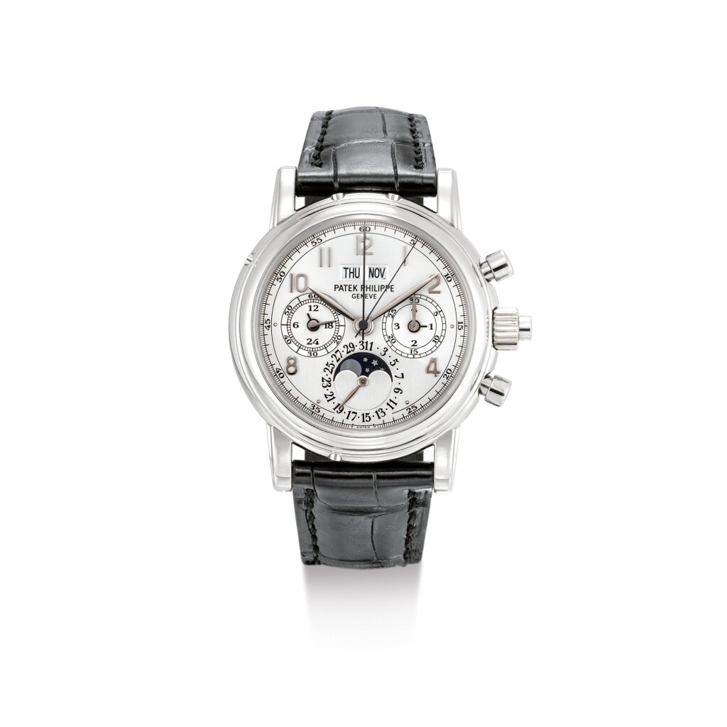 View full screen - View 1 of Lot 2099. PATEK PHILIPPE | REFERENCE 5004, A WHITE GOLD PERPETUAL CALENDAR SPLIT SECONDS CHRONOGRAPH WRISTWATCH WITH MOON PHASES, 24 HOURS AND LEAP YEAR INDICATION, CIRCA 2007 | 百達翡麗 | "型號5004 白金萬年曆追針計時腕錶,備月相、24小時及晝夜顯示,機芯編號879799,錶殼編號4040027,約2007年製".
