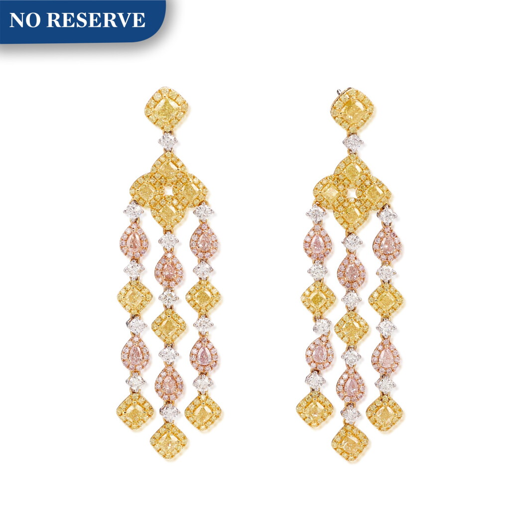 View full screen - View 1 of Lot 1292. PAIR OF COLOURED DIAMOND AND DIAMOND PENDENT EARRINGS | 彩色鑽石 配 鑽石 吊耳環一對.