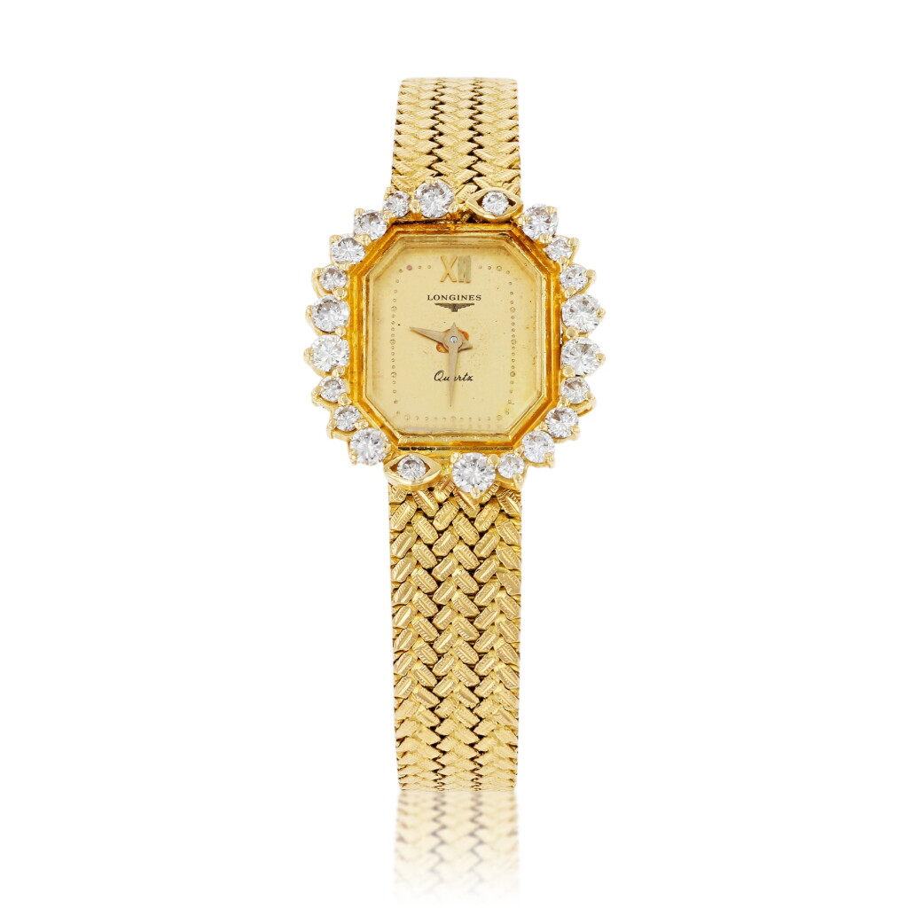 View full screen - View 1 of Lot 345. Longines | Montre bracelet de dame or et diamants | Lady's gold and diamond bracelet watch.