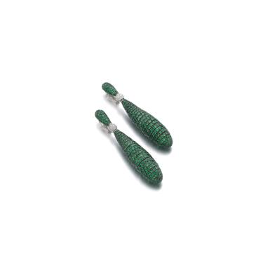 View full screen - View 1 of Lot 104. PAIR OF EMERALD AND DIAMOND EARRINGS, 'GOCCE', DE GRISOGONO.