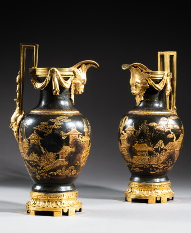 View full screen - View 1 of Lot 311. A pair of late Louis XV gilt-bronze mounted tôle peinte ewers, circa 1770 | Paire d’aiguières en tôle peinte et monture de bronze doré de la fin de l’époque Louis XV vers 1770.