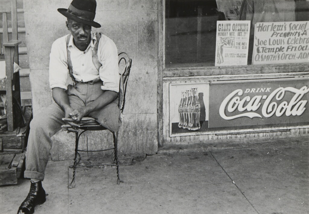 View full screen - View 1 of Lot 157. Man with Amputated Leg at Shoe Shine Stand, Natchez, Mississippi.