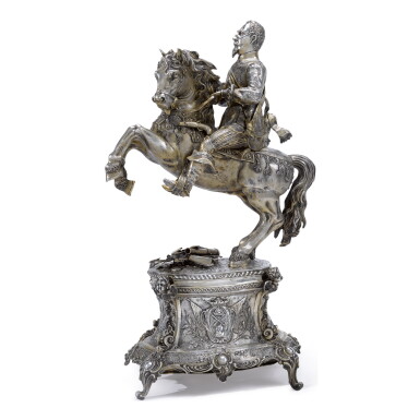 View full screen - View 1 of Lot 352. A LARGE GERMAN SILVER-GILT EQUESTRIAN FIGURE OF GUSTAVUS ADOLPHUS OF SWEDEN, HANAU, LATE 19TH CENTURY.