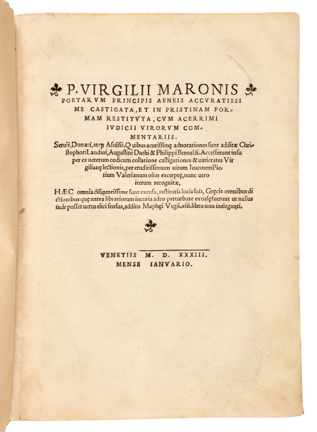 View full screen - View 1 of Lot 1235. Vergil, Opera accuratissime castigata et in pristinam formam restituta, Venice, 1533, modern limp vellum.