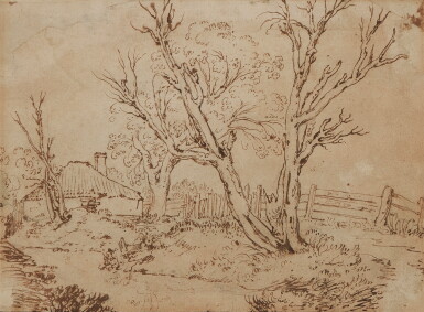 View full screen - View 1 of Lot 263. Landscape with trees by a stream, a fence and a cottage behind.